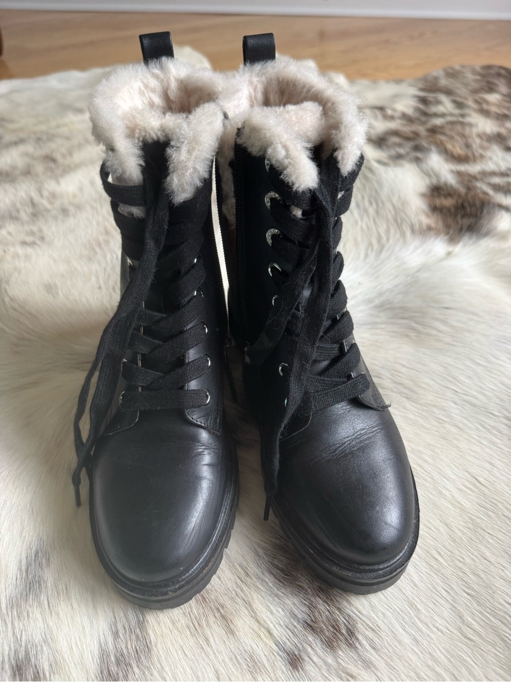 kate spade Black Lace-Up Fur-Trim Combat Boots